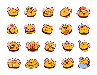 Mutlu kawaii arıları. Komik çizgi film karakterleri. El çizimi stili. Vektör çizimi. Tasarım elementlerinin koleksiyonu.