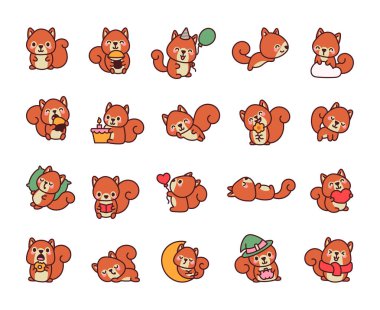 Büyüleyici sincap karakteri. Komik orman hayvanı. El çizimi stili. Vektör çizimi. Tasarım elementlerinin koleksiyonu.