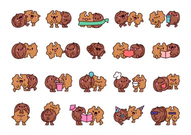 Mutlu cevizli komik çiftler. Farklı duyguları olan çizgi film karakterleri. El çizimi stili. Vektör çizimi. Tasarım elementlerinin koleksiyonu.