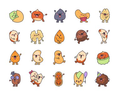 Farklı türde tatlı bir fetüs cevizi. Komik çizgi film karakterleri. El çizimi stili. Vektör çizimi. Tasarım elementlerinin koleksiyonu.