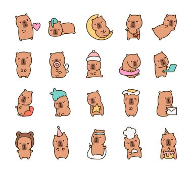 Şirin kawaii capybara. Komik çizgi film karakteri. El çizimi stili. Vektör çizimi. Tasarım elementlerinin koleksiyonu.