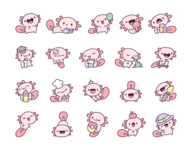Mutlu kawaii axolotl 'lar. Farklı nesneleri olan çizgi film karakteri. Vektör çizimi. Tasarım elementlerinin koleksiyonu.