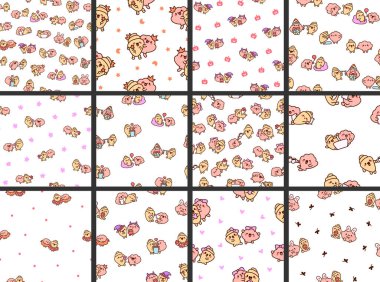 Komik deniz kabuğu çizgi film karakterleri. Kusursuz desen. Şirin kawaii deniz arkadaşları. El çizimi stili. Vektör çizimi. Tasarım süslemeleri koleksiyonu.