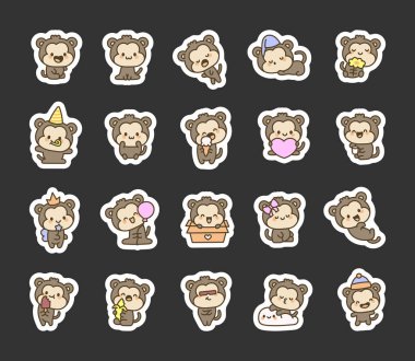 Sevimli Kawaii maymun karakteri. Etiket Yer İmi. Komik küçük hayvan. El çizimi stili. Vektör çizimi. Tasarım elementlerinin koleksiyonu.