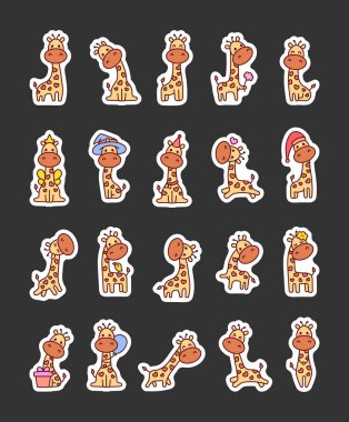 Şirin kawaii zürafası. Etiket Yer İmi. Uzun boyunlu komik bir hayvan. El çizimi stili. Vektör çizimi. Tasarım elementlerinin koleksiyonu.