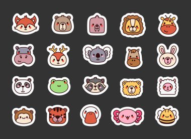 Komik hayvan suratı. Etiket Yer İmi. Sevimli çizgi film karakteri. El çizimi stili. Vektör çizimi. Tasarım elementlerinin koleksiyonu.