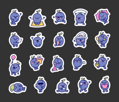 Şirin kawaii erik karakteri. Etiket Yer İmi. Komik karikatür meyvesi. El çizimi stili. Vektör çizimi. Tasarım elementlerinin koleksiyonu.