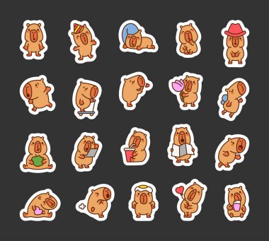 Tatlı Capybara karakteri. Etiket Yer İmi. Komik çizgi film hayvanı. El çizimi stili. Vektör çizimi. Tasarım elementlerinin koleksiyonu.