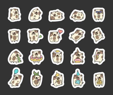 Benekli, kare bir köpek. Etiket Yer İmi. Kawaii hayvan çizgi film karakteri. El çizimi stili. Vektör çizimi. Tasarım elementlerinin koleksiyonu.