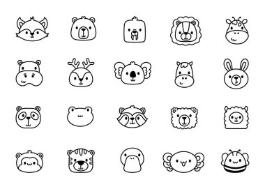 Komik hayvan suratı. Boyama sayfası. Sevimli çizgi film karakteri. El çizimi stili. Vektör çizimi. Tasarım elementlerinin koleksiyonu.