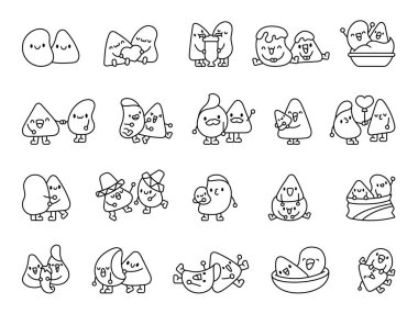 Sevimli çiftler cipsi ve cips. Boyama sayfası. Çizgi film karakterleri. El çizimi stili. Vektör çizimi. Tasarım elementlerinin koleksiyonu.