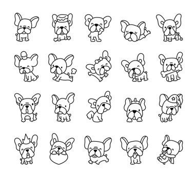 Tatlı Fransız bulldog 'u. Boyama sayfası. Komik çizgi film hayvanı. El çizimi stili. Vektör çizimi. Tasarım elementlerinin koleksiyonu.
