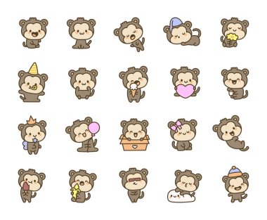 Sevimli Kawaii maymun karakteri. Komik küçük hayvan. El çizimi stili. Vektör çizimi. Tasarım elementlerinin koleksiyonu.