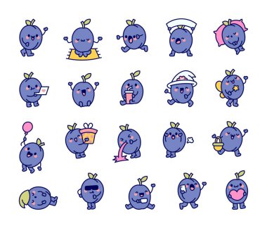 Şirin kawaii erik karakteri. Komik karikatür meyvesi. El çizimi stili. Vektör çizimi. Tasarım elementlerinin koleksiyonu.