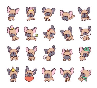 Tatlı Fransız bulldog 'u. Komik çizgi film hayvanı. El çizimi stili. Vektör çizimi. Tasarım elementlerinin koleksiyonu.