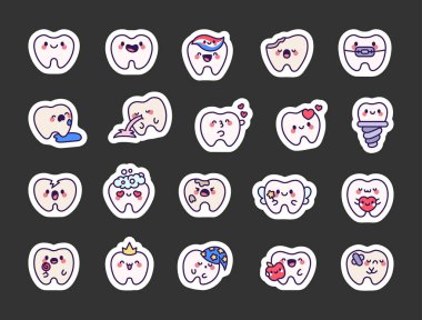 Şirin kawaii dişi. Etiket Yer İmi. Komik çizgi film karakteri. El çizimi stili. Vektör çizimi. Tasarım elementlerinin koleksiyonu.