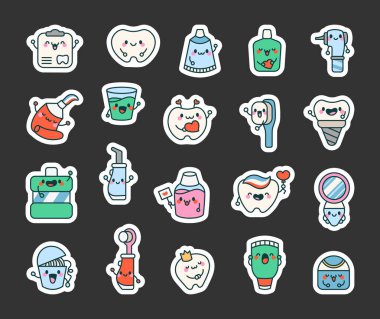 Çizgi filmlerdeki dişçi aletleri güzelmiş. Etiket Yer İmi. Gülümseyen yüzlü tıbbi eşyalar. El çizimi stili. Vektör çizimi. Tasarım elementlerinin koleksiyonu.