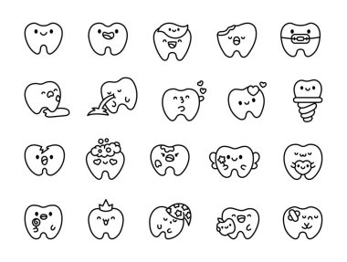 Şirin kawaii dişi. Boyama sayfası. Komik çizgi film karakteri. El çizimi stili. Vektör çizimi. Tasarım elementlerinin koleksiyonu.