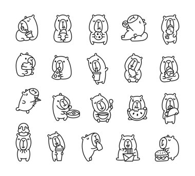 Tatlı kapibaralar yiyor. Boyama sayfası. Komik çizgi film hayvanı. El çizimi stili. Vektör çizimi. Tasarım elementlerinin koleksiyonu.