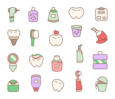 Dişçi alet çantası. Diş bakımı için tıbbi bir alet. El çizimi stili. Vektör çizimi. Tasarım elementlerinin koleksiyonu.