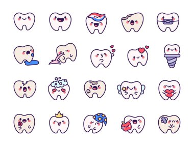 Şirin kawaii dişi. Komik çizgi film karakteri. El çizimi stili. Vektör çizimi. Tasarım elementlerinin koleksiyonu.