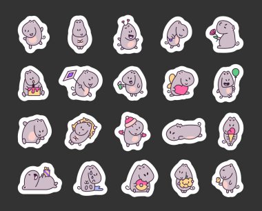 Şirin kawaii su aygırı. Etiket Yer İmi. Sevimli hayvan çizgi filmi karakteri. El çizimi stili. Vektör çizimi. Tasarım elementlerinin koleksiyonu.