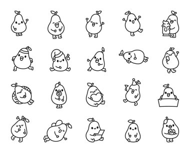 Sevimli armut karakteri. Boyama sayfası. Komik karikatür meyvesi. El çizimi stili. Vektör çizimi. Tasarım elementlerinin koleksiyonu.