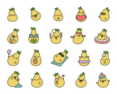 Şirin kawaii armudu. Sevimli meyve karakteri. El çizimi stili. Vektör çizimi. Tasarım elementlerinin koleksiyonu.