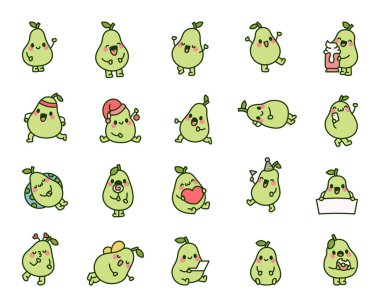 Sevimli armut karakteri. Komik karikatür meyvesi. El çizimi stili. Vektör çizimi. Tasarım elementlerinin koleksiyonu.