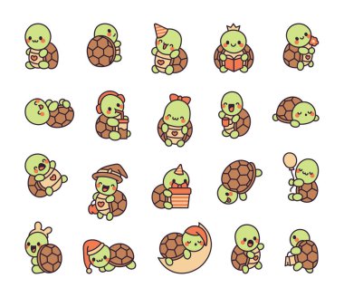 Şirin kawaii kaplumbağası. Sevimli hayvan karakteri. El çizimi stili. Vektör çizimi. Tasarım elementlerinin koleksiyonu.