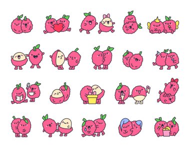 Sevimli liçi arkadaş. Komik çift meyve çizgi film karakteri. El çizimi stili. Vektör çizimi. Tasarım elementlerinin koleksiyonu.