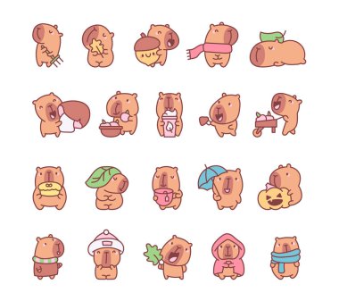 Happy capybara animal. Cartoon character in autumn day. Hand drawn style. Vector drawing. Collection of design elements. clipart