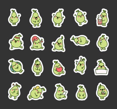 Sevimli armut karakteri. Etiket Yer İmi. Komik karikatür meyvesi. El çizimi stili. Vektör çizimi. Tasarım elementlerinin koleksiyonu.