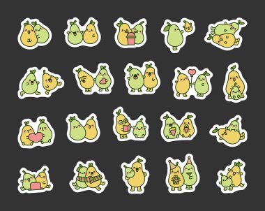 Komik bir çift armut karakteri. Etiket Yer İmi. Tatlı ve tatlı meyve arkadaşım. El çizimi stili. Vektör çizimi. Tasarım elementlerinin koleksiyonu.