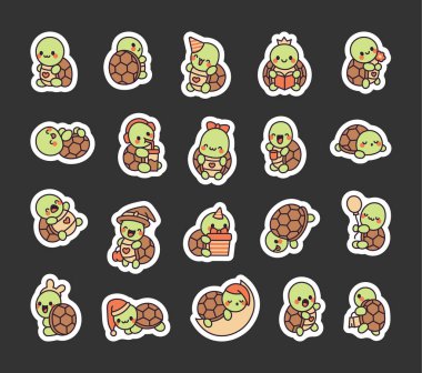 Şirin kawaii kaplumbağası. Etiket Yer İmi. Sevimli hayvan karakteri. El çizimi stili. Vektör çizimi. Tasarım elementlerinin koleksiyonu.