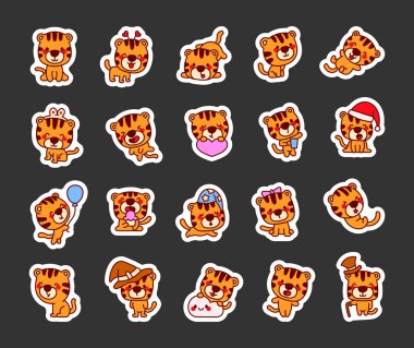 Şirin kawaii kaplanı. Etiket Yer İmi. Çizgili sevimli çizgi film karakteri. El çizimi stili. Vektör çizimi. Tasarım elementlerinin koleksiyonu.