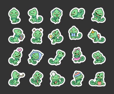 Kawaii karikatür bukalemunu. Etiket Yer İmi. Komik hayvan karakteri. El çizimi stili. Vektör çizimi. Tasarım elementlerinin koleksiyonu.