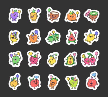 Doğum günün kutlu olsun. Etiket Yer İmi. Partideki komik çizgi film karakteri. El çizimi stili. Vektör çizimi. Tasarım elementlerinin koleksiyonu.