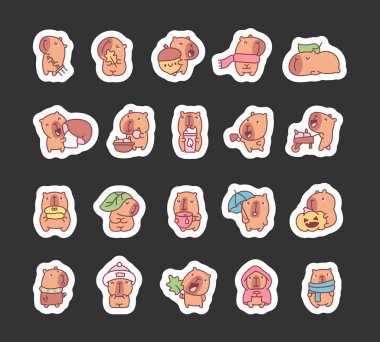 Mutlu Capybara hayvanları. Etiket Yer İmi. Sonbahar günü çizgi film karakteri. El çizimi stili. Vektör çizimi. Tasarım elementlerinin koleksiyonu.