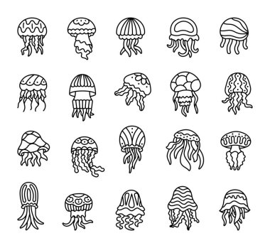 Dekoratif desenli denizanası. Boyama sayfası. Deniz altı dünyasının hayvanı. El çizimi stili. Vektör çizimi. Tasarım elementlerinin koleksiyonu.