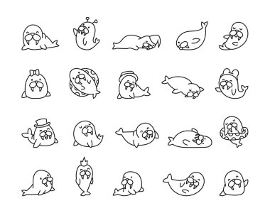 Sevimli mors karakteri. Boyama sayfası. Kawaii çizgi filmindeki deniz hayvanı. El çizimi stili. Vektör çizimi. Tasarım elementlerinin koleksiyonu.