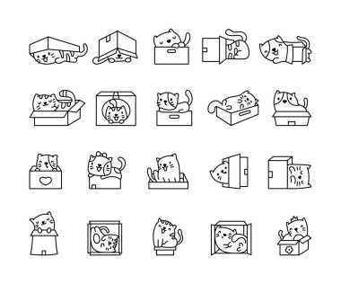 Cute cat in a box. Coloring Page. Funny cartoon character poses. Hand drawn style. Vector drawing. Collection of design elements. clipart