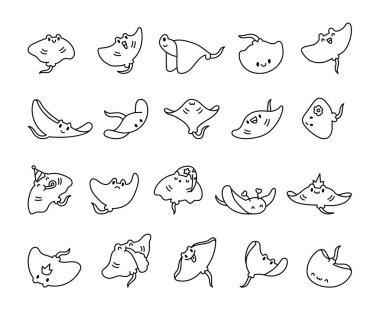 Şirin kawaii vatoz. Boyama sayfası. Su altı dünyasından komik bir çizgi film karakteri. El çizimi stili. Vektör çizimi. Tasarım elementlerinin koleksiyonu.