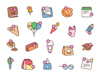 Okul malzemeleri ve tomurcuk. Eğitici eğitimin başlangıcı. El çizimi stili. Vektör çizimi. Tasarım elementlerinin koleksiyonu.