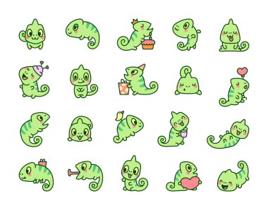 Şirin kawaii bukalemunu. Komik çizgi film karakteri sürüngen. El çizimi stili. Vektör çizimi. Tasarım elementlerinin koleksiyonu.
