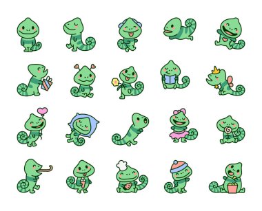 Kawaii karikatür bukalemunu. Komik hayvan karakteri. El çizimi stili. Vektör çizimi. Tasarım elementlerinin koleksiyonu.