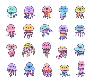 Şirin kawaii denizanası. Su altı dünyasının komik çizgi film karakterleri. El çizimi stili. Vektör çizimi. Tasarım elementlerinin koleksiyonu.