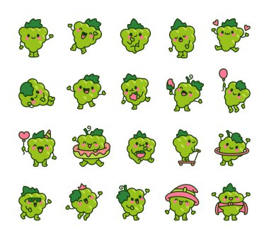 Şirin kawaii demeti üzüm. Sevimli yemek karakteri. El çizimi stili. Vektör çizimi. Tasarım elementlerinin koleksiyonu.