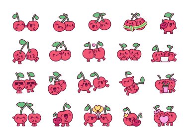 Hoş bir çift kiraz. Sevimli karakterlerin arkadaşlığı. El çizimi stili. Vektör çizimi. Tasarım elementlerinin koleksiyonu.