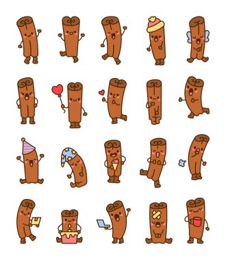 Tatlı tarçın çubuğu. Komik çizgi film karakteri. El çizimi stili. Vektör çizimi. Tasarım elementlerinin koleksiyonu.